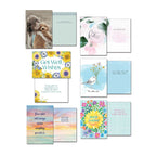 Variety of uplifting greeting cards, including 'Big Squeeze!', 'Get Well Wishes', and 'Hello Sunshine!', showing front designs and interior messages.