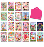 Full assortment of twenty vibrant, whimsical 'Joyful, Happy World' greeting cards by Katherine Hernell for Leanin' Tree, featuring diverse illustrations like flowers, butterflies, dogs, and uplifting messages, alongside a bright pink envelope.