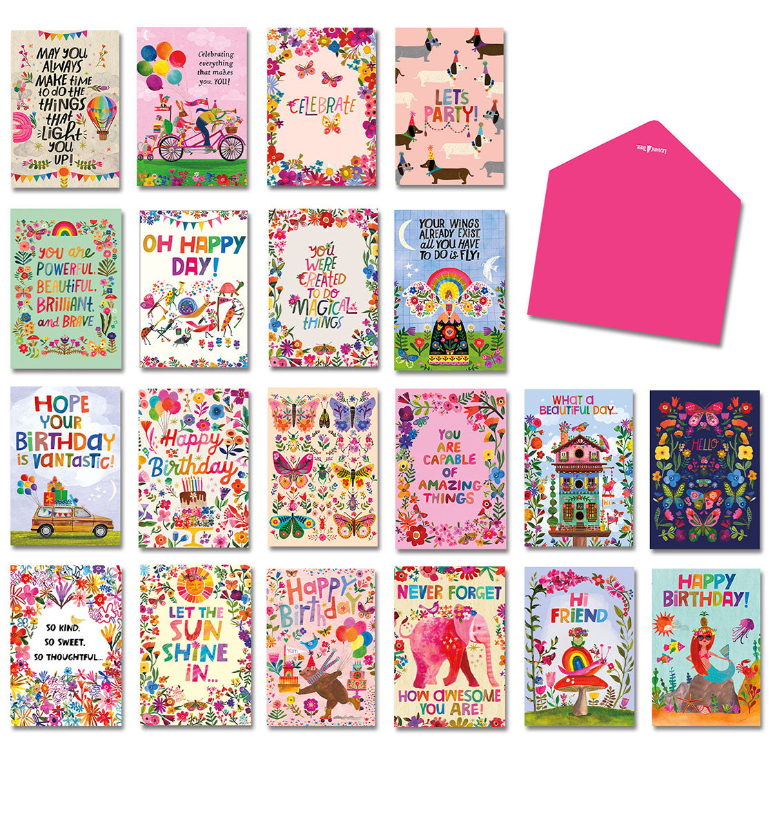 Full assortment of twenty vibrant, whimsical 'Joyful, Happy World' greeting cards by Katherine Hernell for Leanin' Tree, featuring diverse illustrations like flowers, butterflies, dogs, and uplifting messages, alongside a bright pink envelope.