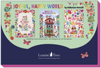 Packaging for the 'Joyful, Happy World' Leanin' Tree greeting card assortment by Katherine Hernell, showcasing three distinct card designs with floral and butterfly motifs, and the brand tagline 'America's Favorite Greeting Cards'.