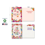 Close-up of two Leanin' Tree greeting cards: 'Celebrate' with floral border and 'You Were Created to Do Magical Things' with colorful butterfly border. Details highlight 7x5 inch dimensions, sustainably-sourced paper, soy-based inks, and 'Made in USA' label.