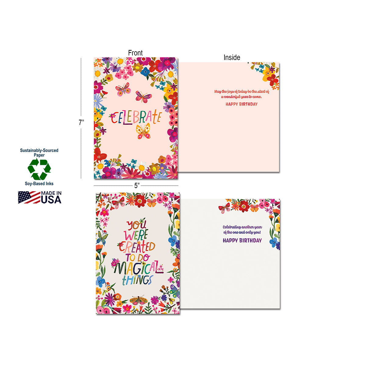 Close-up of two Leanin' Tree greeting cards: 'Celebrate' with floral border and 'You Were Created to Do Magical Things' with colorful butterfly border. Details highlight 7x5 inch dimensions, sustainably-sourced paper, soy-based inks, and 'Made in USA' label.