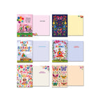 Six Leanin' Tree greeting cards displaying front and inside messages. Featured designs include a car with presents ('Hope Your Birthday Is Fantastic!'), a mushroom with 'Hi Friend', vibrant butterflies, and various happy birthday illustrations.