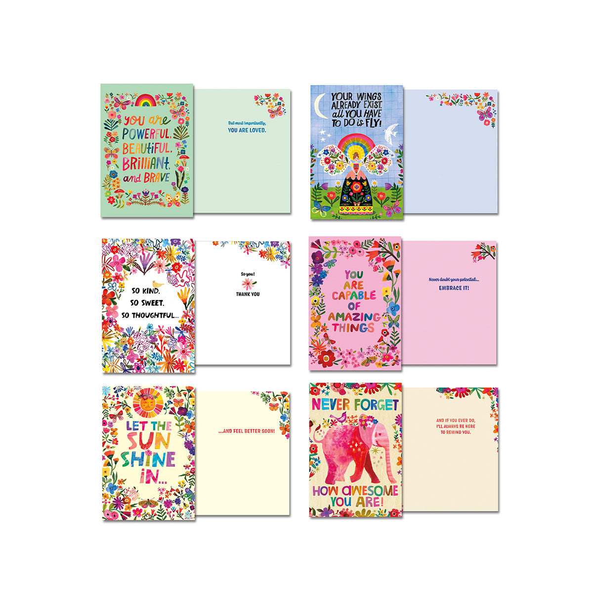 Six Leanin' Tree greeting cards showcasing front and inside messages. Designs feature inspiring words like 'You Are Powerful Beautiful Brilliant Brave', 'So Kind So Sweet So Thoughtful', 'You Are Capable of Amazing Things', an elephant ('Never Forget How Awesome You Are'), and more vibrant, uplifting themes.