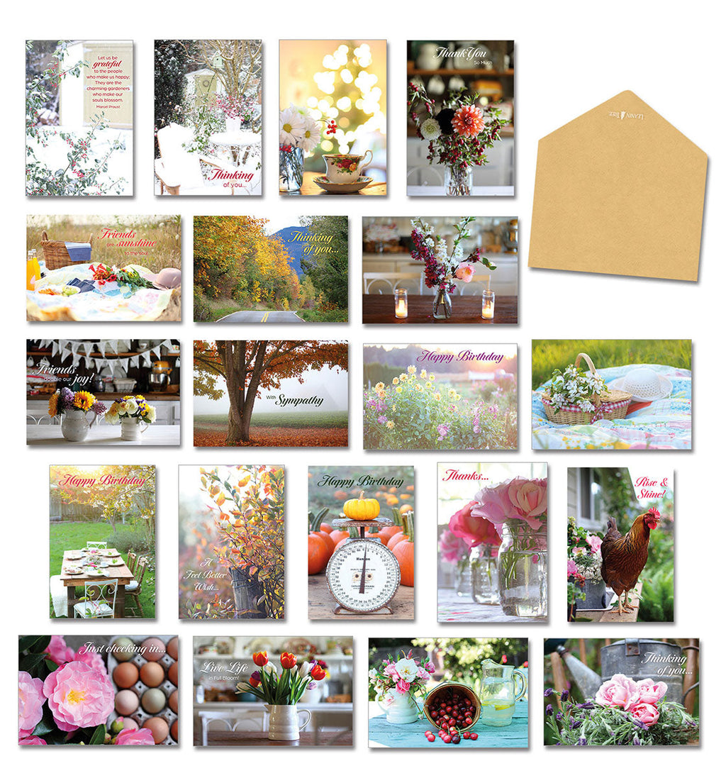 Comprehensive view of the Leanin' Tree 'Through the Seasons' greeting card assortment, featuring 20 unique photographic designs for various occasions like birthday, thank you, sympathy, and thinking of you, alongside a plain craft envelope, showcasing the diverse collection.