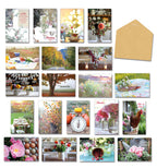 Comprehensive view of the Leanin' Tree 'Through the Seasons' greeting card assortment, featuring 20 unique photographic designs for various occasions like birthday, thank you, sympathy, and thinking of you, alongside a plain craft envelope, showcasing the diverse collection.