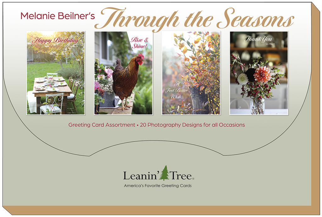 Marketing image for Melanie Beilner's 'Through the Seasons' greeting card assortment by Leanin' Tree, displaying four sample cards: 'Happy Birthday' with a garden table, 'Rise & Shine!' with a rooster, 'A Feel Better Wish' with autumn leaves, and 'Thank You' with a dahlia bouquet, highlighting the brand and 20 photography designs.