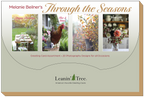 Marketing image for Melanie Beilner's 'Through the Seasons' greeting card assortment by Leanin' Tree, displaying four sample cards: 'Happy Birthday' with a garden table, 'Rise & Shine!' with a rooster, 'A Feel Better Wish' with autumn leaves, and 'Thank You' with a dahlia bouquet, highlighting the brand and 20 photography designs.