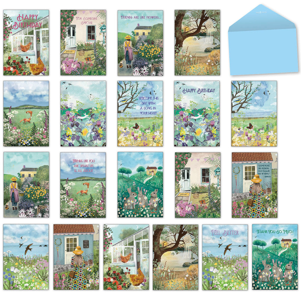 Full assortment of 20 English countryside greeting cards by Jacqueline Wild, showcasing various nature scenes, charming cottages, whimsical animals like chickens, foxes, and rabbits, and vibrant wildflowers. A light blue envelope is also visible, indicating a ready-to-use set for all occasions including birthdays, thank you, and get well wishes.