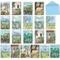 Full assortment of 20 English countryside greeting cards by Jacqueline Wild, showcasing various nature scenes, charming cottages, whimsical animals like chickens, foxes, and rabbits, and vibrant wildflowers. A light blue envelope is also visible, indicating a ready-to-use set for all occasions including birthdays, thank you, and get well wishes.