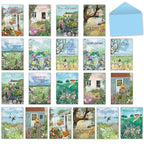 Full assortment of 20 English countryside greeting cards by Jacqueline Wild, showcasing various nature scenes, charming cottages, whimsical animals like chickens, foxes, and rabbits, and vibrant wildflowers. A light blue envelope is also visible, indicating a ready-to-use set for all occasions including birthdays, thank you, and get well wishes.