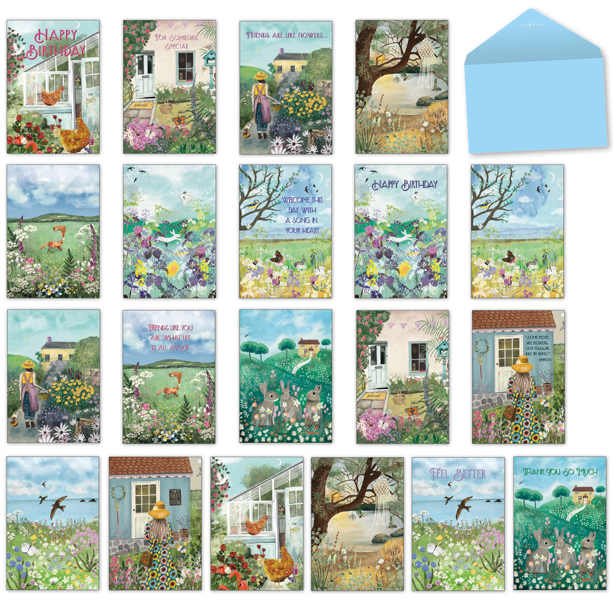 Full assortment of 20 English countryside greeting cards by Jacqueline Wild, showcasing various nature scenes, charming cottages, whimsical animals like chickens, foxes, and rabbits, and vibrant wildflowers. A light blue envelope is also visible, indicating a ready-to-use set for all occasions including birthdays, thank you, and get well wishes.