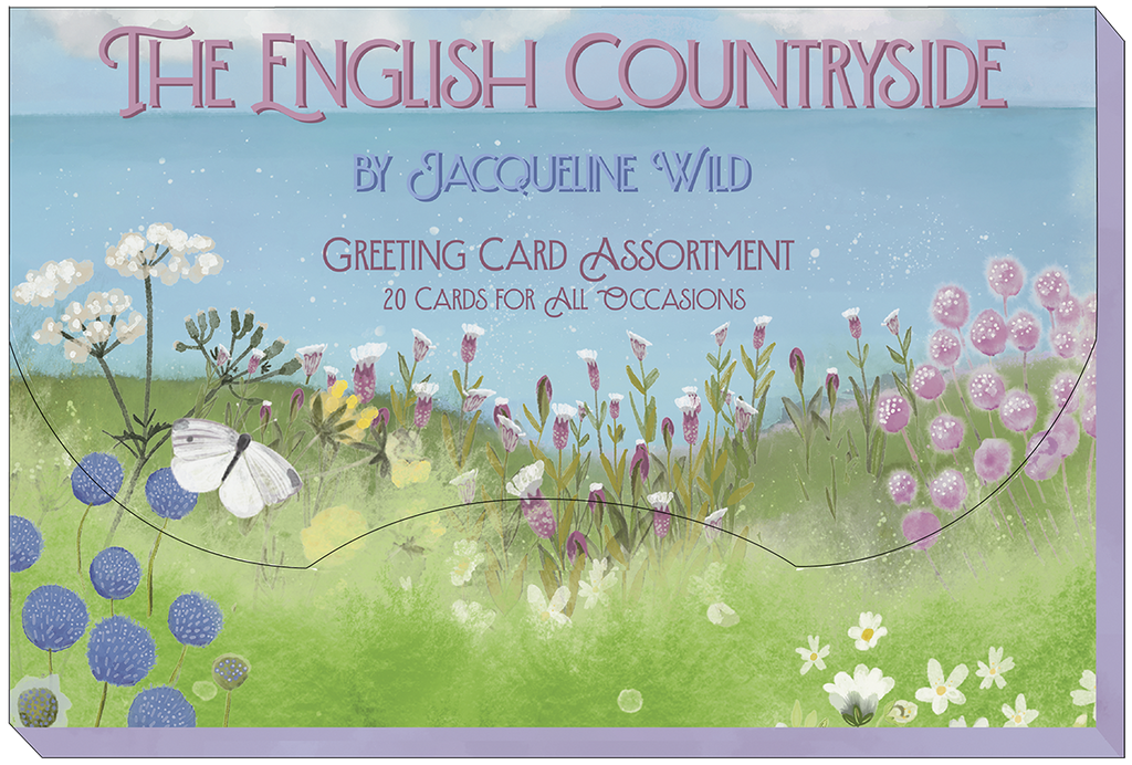 Packaging for 'The English Countryside Greeting Card Assortment' by Jacqueline Wild. The design features an idyllic field of purple and white wildflowers, with a white butterfly in the foreground, evoking a serene rural landscape.
