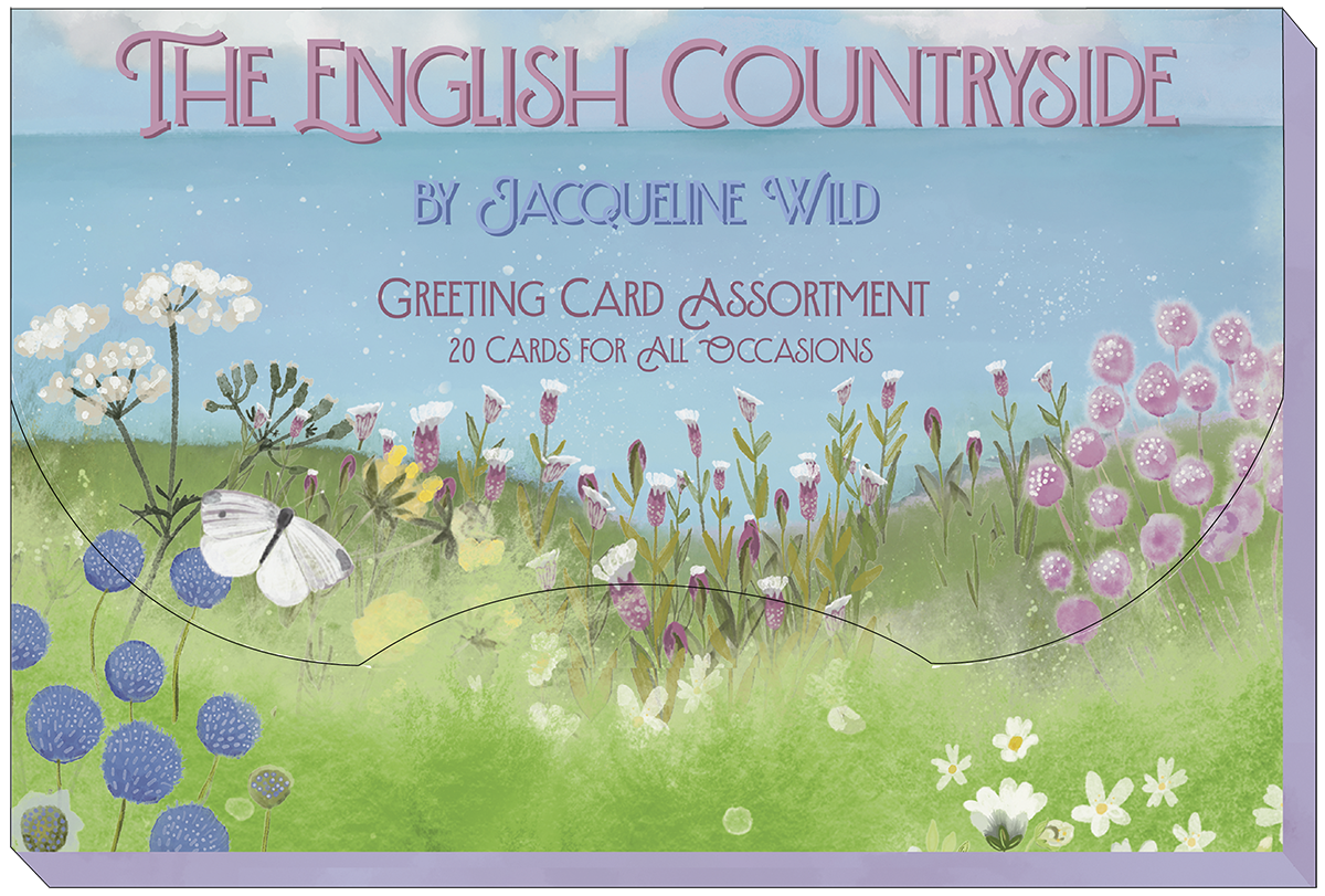Packaging for 'The English Countryside Greeting Card Assortment' by Jacqueline Wild. The design features an idyllic field of purple and white wildflowers, with a white butterfly in the foreground, evoking a serene rural landscape.
