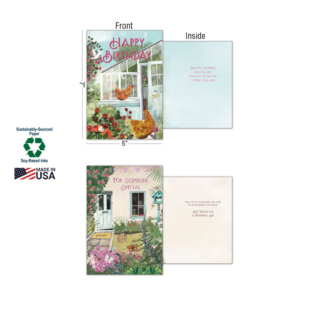 Detailed view of two individual English Countryside greeting cards, showing both their front and inside designs. One card reads 'Happy Birthday' with a chicken in a greenhouse, and the other 'For Someone Special' featuring a charming cottage. The image highlights product features like 'Sustainably-Sourced Paper', 'Soy-Based Inks', and 'Made in USA', along with card dimensions.