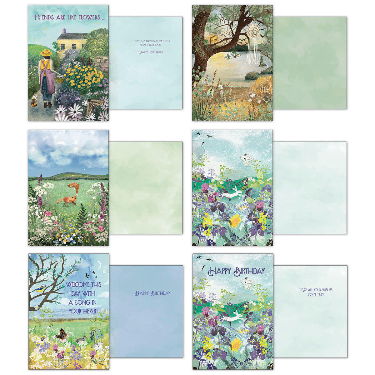 An array of six open English Countryside greeting cards, displaying both their artistic front designs and blank interior pages. Designs include a woman gardening with the text 'Friends are like flowers...', a tranquil tree by a pond, and various vibrant nature scenes with birds and foxes, suitable for a range of thoughtful messages.