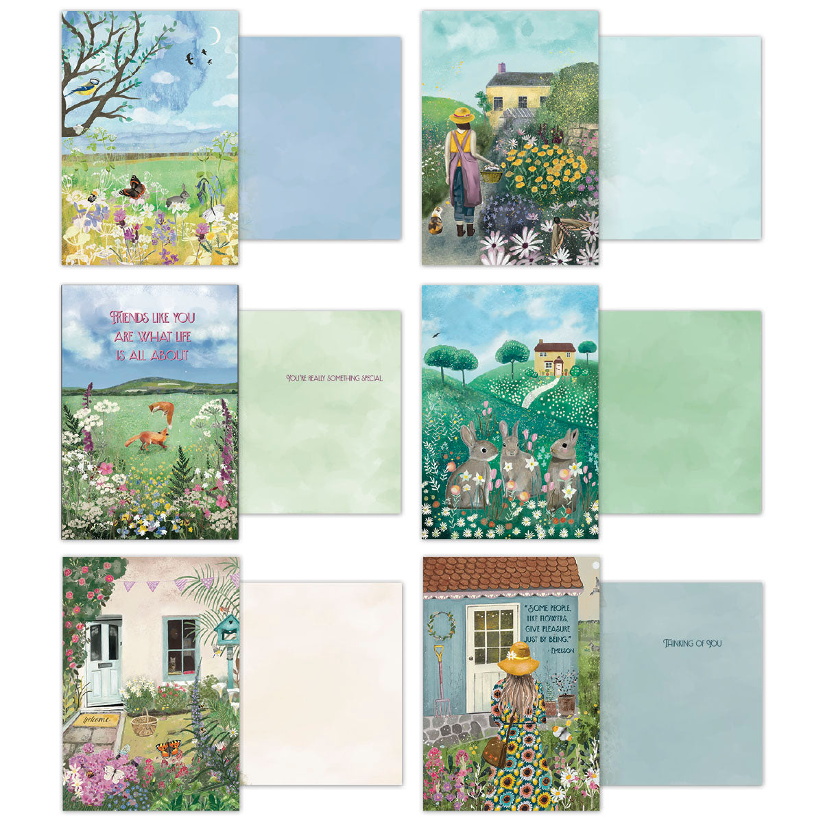 A collection of six open English Countryside greeting cards, showcasing their unique illustrated fronts and blank interiors. Featured designs include a serene tree with flying birds, a woman tending a garden, a wildflower field with the text 'Friends like you are what life is all about', three charming rabbits in a field, and a quaint cottage, perfect for sending personalized notes.
