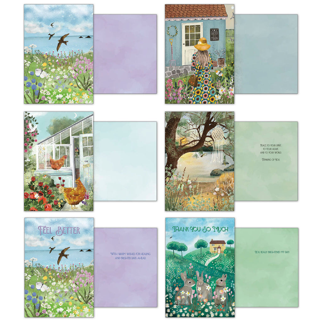 Six open English Countryside greeting cards, illustrating their diverse front artwork and blank inside pages. Designs feature a picturesque seaside scene with birds, a woman by a charming blue cottage, a greenhouse with chickens, a 'Feel Better' card with a coastal landscape, and a 'Thank You So Much' card with rabbits in a field, offering versatile options for various occasions.