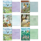 Six open English Countryside greeting cards, illustrating their diverse front artwork and blank inside pages. Designs feature a picturesque seaside scene with birds, a woman by a charming blue cottage, a greenhouse with chickens, a 'Feel Better' card with a coastal landscape, and a 'Thank You So Much' card with rabbits in a field, offering versatile options for various occasions.