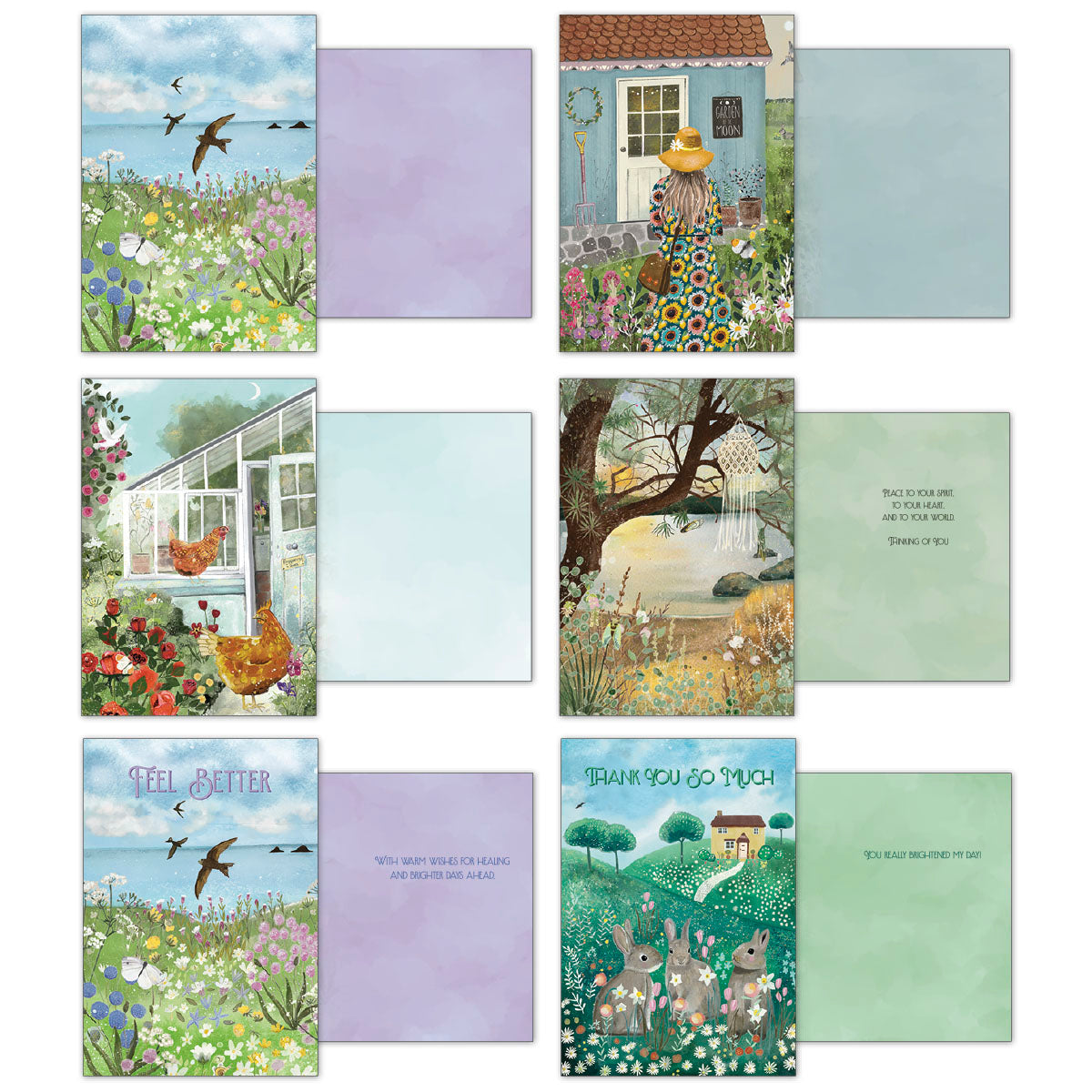 Six open English Countryside greeting cards, illustrating their diverse front artwork and blank inside pages. Designs feature a picturesque seaside scene with birds, a woman by a charming blue cottage, a greenhouse with chickens, a 'Feel Better' card with a coastal landscape, and a 'Thank You So Much' card with rabbits in a field, offering versatile options for various occasions.