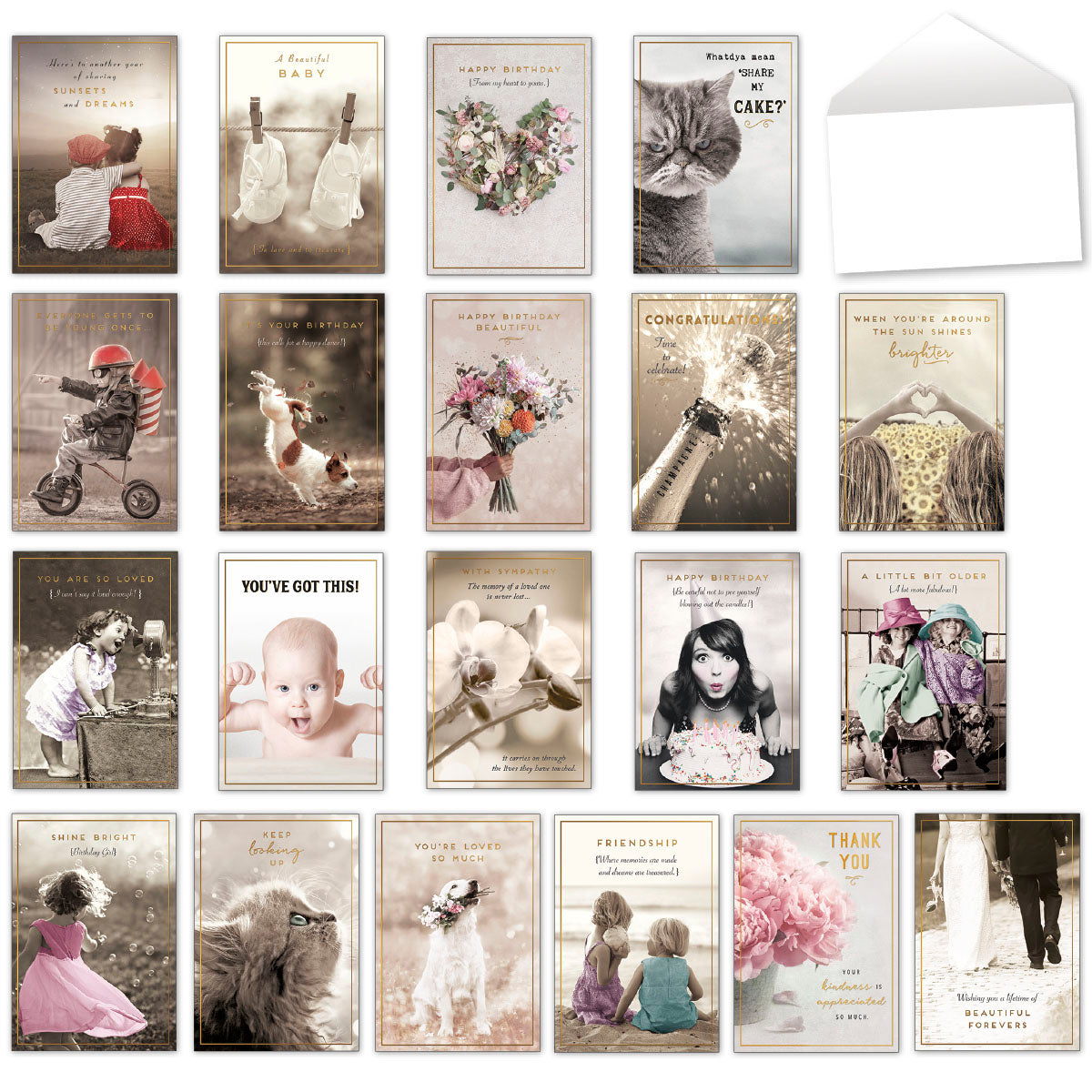 Full array of 20 diverse photo-design Leanin' Tree greeting cards with envelopes, including birthday, baby, friendship, anniversary, thank you, and thinking of you themes for all occasions.