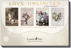 Love Unlimited by Pigment Productions greeting card assortment box from Leanin' Tree, showcasing four featured cards: a dog dancing for birthday, a floral bouquet, two children, and a heart-shaped floral arrangement.