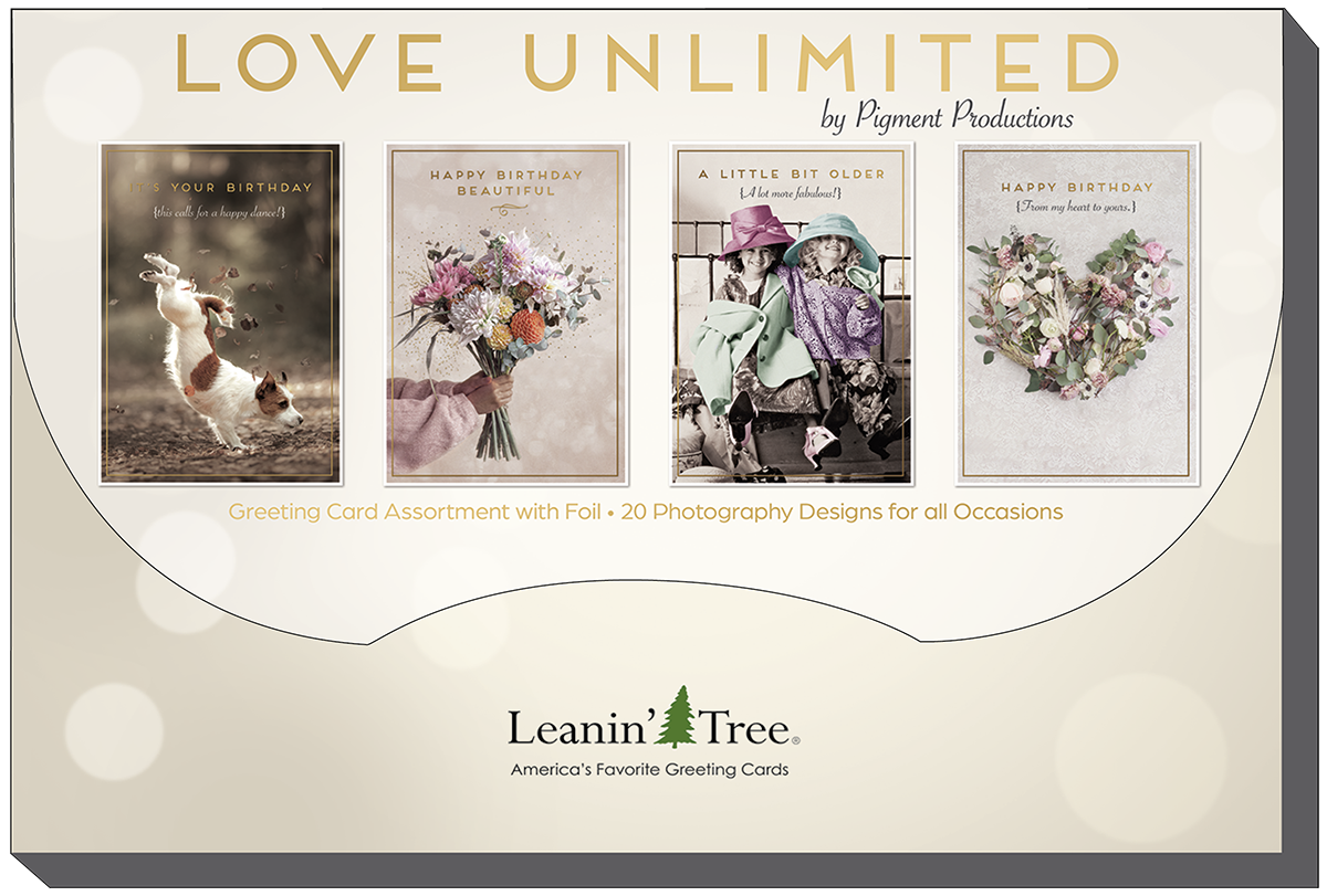 Brand banner 'LOVE UNLIMITED by Pigment Productions' showcasing four example greeting cards: 'It's Your Birthday' with a dog, 'Happy Birthday Beautiful' with flowers, 'A Little Bit Older' with two elderly women, and 'Happy Birthday' with a floral heart, highlighting '20 Photography Designs for all Occasions' from Leanin' Tree.