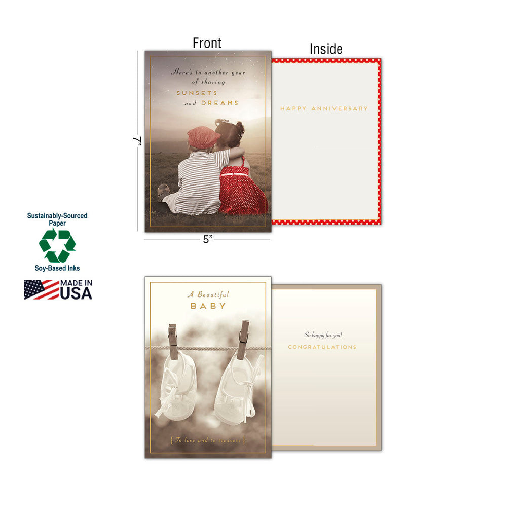 Two greeting cards displayed open: one 'Happy Anniversary' card with children watching a sunset, and one 'A Beautiful Baby' card with baby clothes. Emphasizes 5x7 inch size, 'Sustainably-Sourced Paper', 'Soy-Based Inks', and 'Made in USA'.