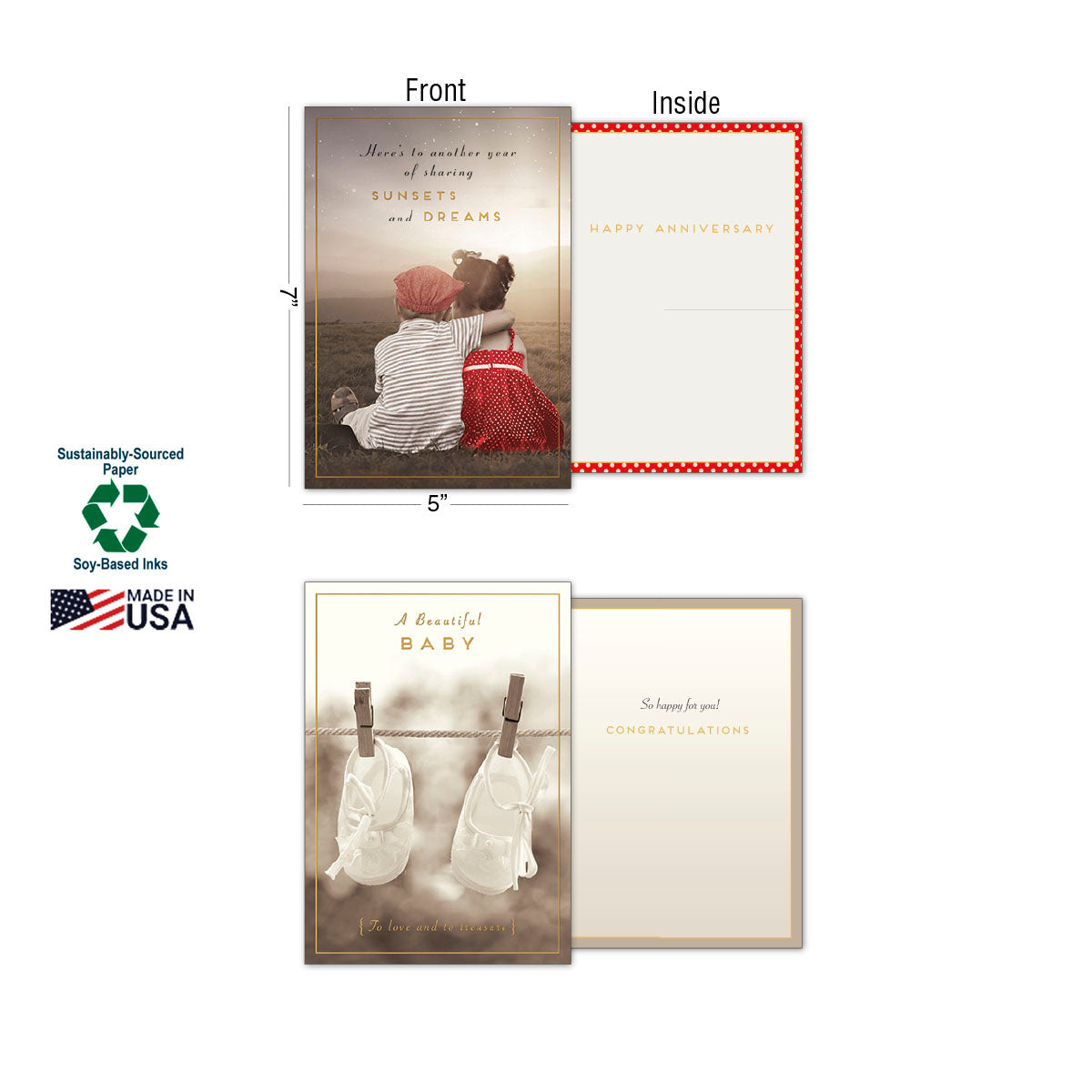 Two greeting cards displayed open: one 'Happy Anniversary' card with children watching a sunset, and one 'A Beautiful Baby' card with baby clothes. Emphasizes 5x7 inch size, 'Sustainably-Sourced Paper', 'Soy-Based Inks', and 'Made in USA'.