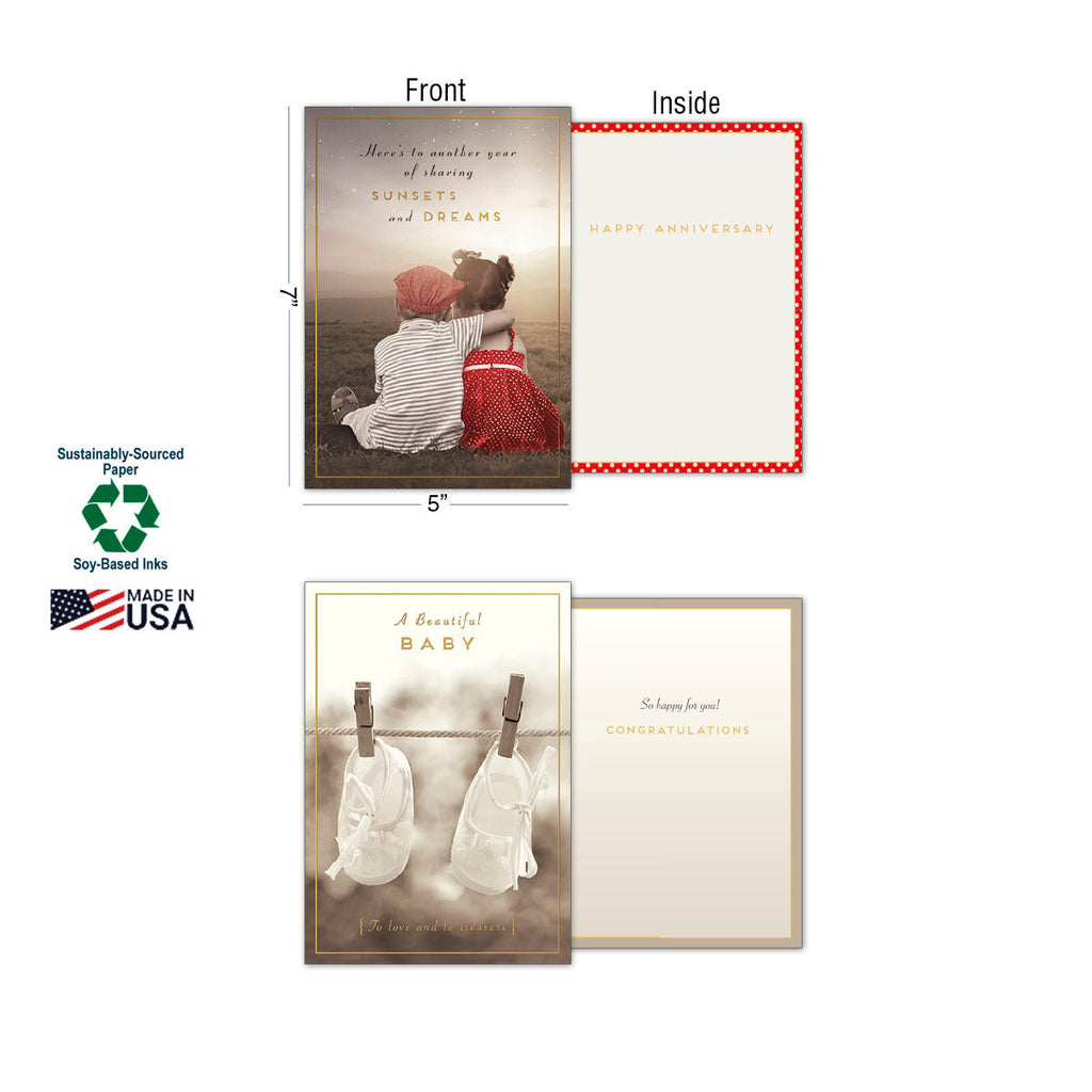 Detailed view of two greeting cards from the assortment: 'Here's to another year of sharing sunsets and dreams' for Anniversary, and 'A Beautiful Baby' card with baby booties. Includes labels for 5x7 inch dimensions, Sustainably-Sourced Paper, Soy-Based Inks, and Made In USA.
