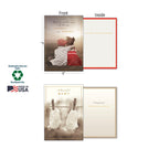 Detailed view of two greeting cards from the assortment: 'Here's to another year of sharing sunsets and dreams' for Anniversary, and 'A Beautiful Baby' card with baby booties. Includes labels for 5x7 inch dimensions, Sustainably-Sourced Paper, Soy-Based Inks, and Made In USA.