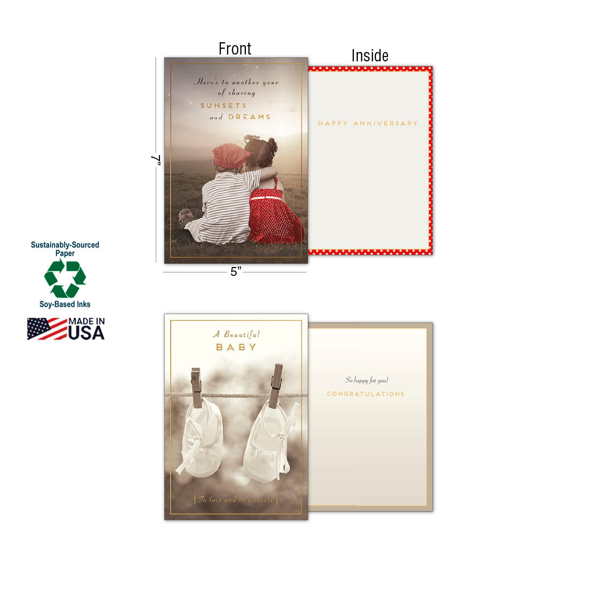 Detailed view of two greeting cards from the assortment: 'Here's to another year of sharing sunsets and dreams' for Anniversary, and 'A Beautiful Baby' card with baby booties. Includes labels for 5x7 inch dimensions, Sustainably-Sourced Paper, Soy-Based Inks, and Made In USA.