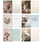 Collection of 6 birthday and celebration Leanin' Tree greeting cards, showing unique photographic fronts and open blank insides, including designs with a child on a tricycle, a jumping dog, a floral heart, a grumpy cat, a bouquet, and champagne.