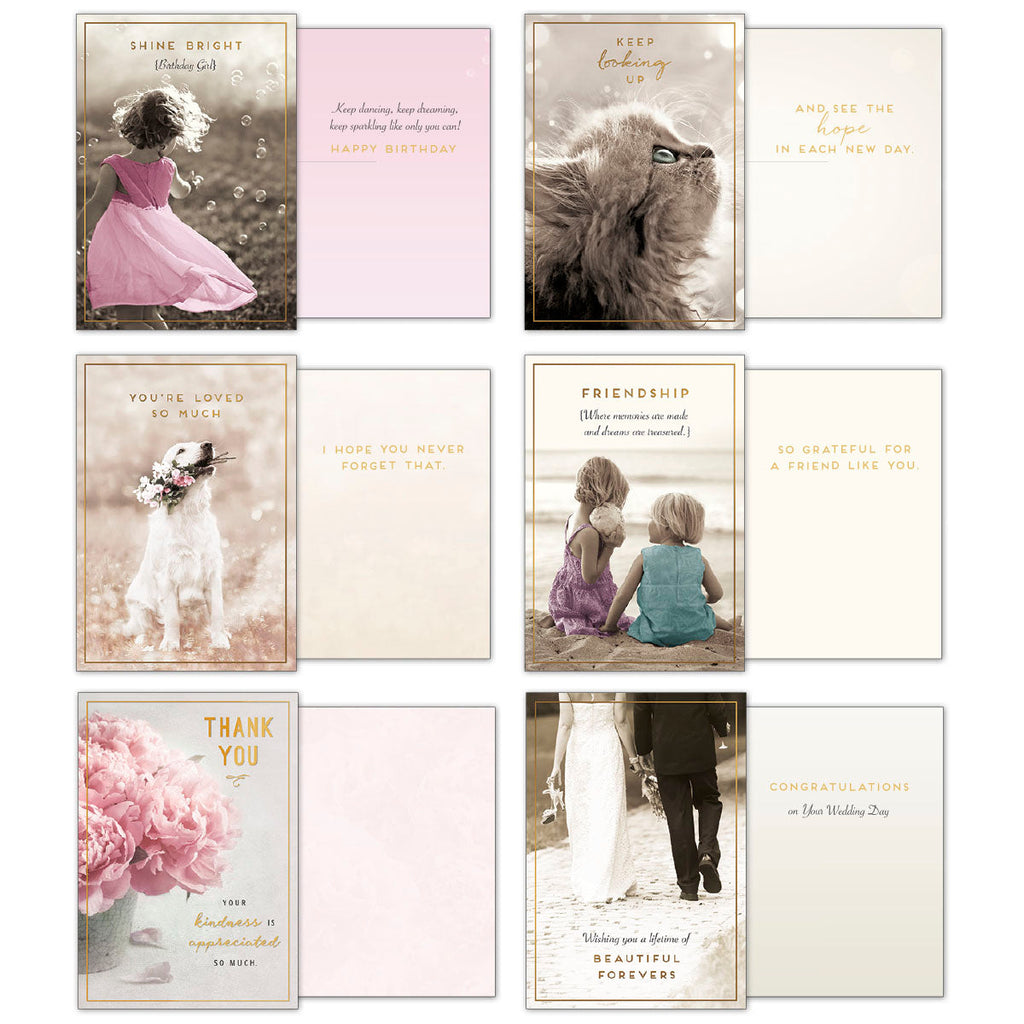 Eight unique greeting cards, shown front and open, featuring designs like a girl with bubbles, a lion, a dog with a flower, two children on a beach, a pink peony bouquet, and a wedding couple, perfect for birthdays, inspiration, friendship, thank you, and weddings.