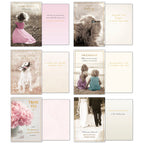 Eight unique greeting cards, shown front and open, featuring designs like a girl with bubbles, a lion, a dog with a flower, two children on a beach, a pink peony bouquet, and a wedding couple, perfect for birthdays, inspiration, friendship, thank you, and weddings.
