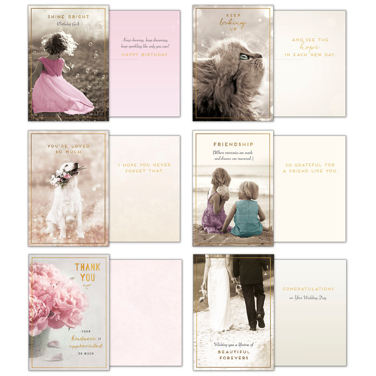 Eight unique greeting cards, shown front and open, featuring designs like a girl with bubbles, a lion, a dog with a flower, two children on a beach, a pink peony bouquet, and a wedding couple, perfect for birthdays, inspiration, friendship, thank you, and weddings.