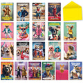 Assortment of 20 funny greeting cards with anthropomorphic animals; includes birthday, thank you, get well, friendship, and encouragement themes. Features squirrels, cats, dogs, foxes, koalas, bears, and more in humorous attire.