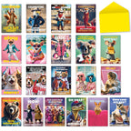 Assortment of 20 funny greeting cards with anthropomorphic animals; includes birthday, thank you, get well, friendship, and encouragement themes. Features squirrels, cats, dogs, foxes, koalas, bears, and more in humorous attire.