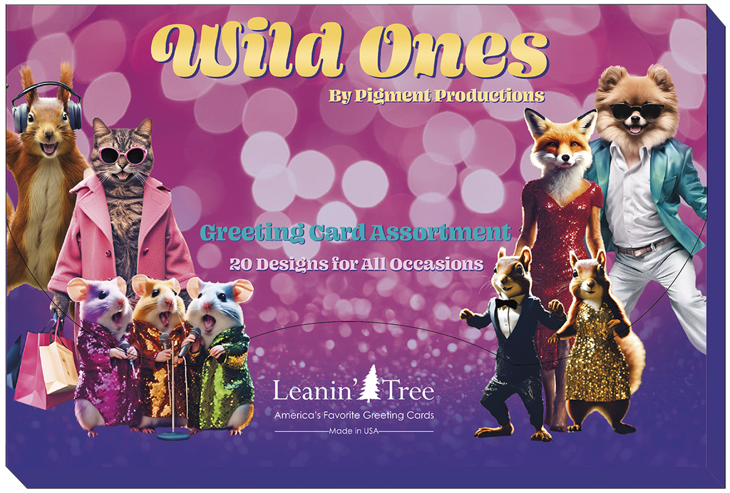 Leanin' Tree 'Wild Ones' greeting card assortment box, showcasing 20 unique animal-themed designs for all occasions. Features a squirrel, fox, cat, and other anthropomorphic animals.