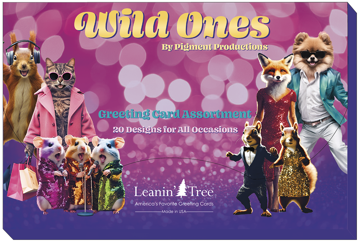 Leanin' Tree 'Wild Ones' greeting card assortment box, showcasing 20 unique animal-themed designs for all occasions. Features a squirrel, fox, cat, and other anthropomorphic animals.
