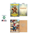 Open greeting cards showing front and inside messages: a squirrel saying 'Let's Get Loud!' for birthday, and a cowboy card for 'Birthday Guy'. Highlights sustainably-sourced paper and soy-based inks.