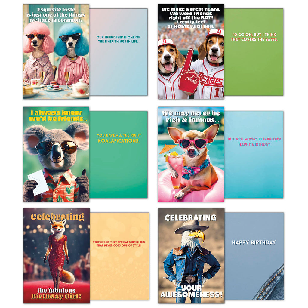 Six unique animal greeting cards open: poodles for friendship, beagles for teamwork, koala for 'koalafications', chihuahua for fabulous birthday, fox for 'Birthday Girl', and eagle for 'Awesomeness'.