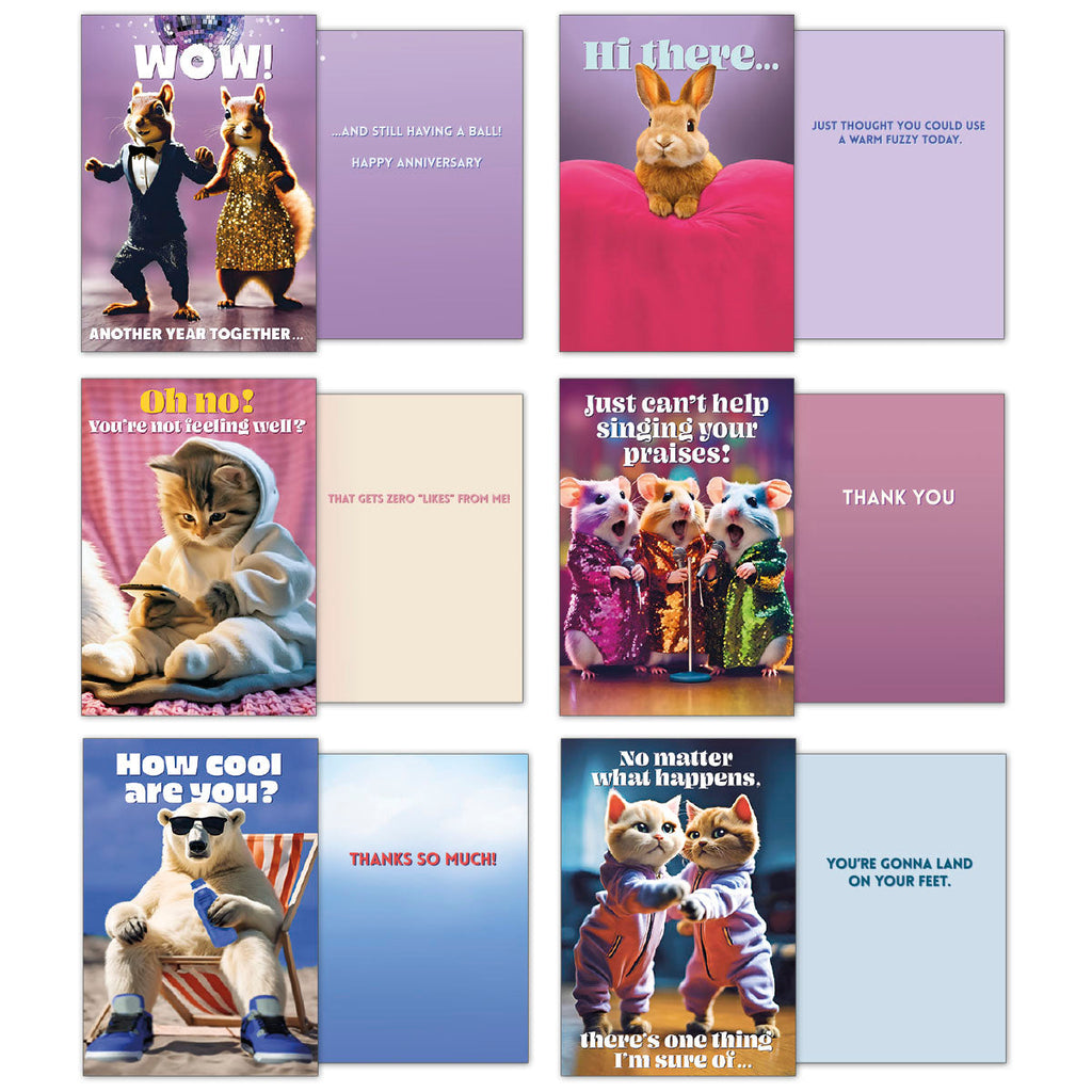 Six animal-themed greeting cards open: dancing squirrels for anniversary, bunny for warm fuzzy, sick kitten for get well, hamsters for thank you, polar bear for cool thanks, and cats for encouragement.