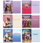 Six animal-themed greeting cards open: dancing squirrels for anniversary, bunny for warm fuzzy, sick kitten for get well, hamsters for thank you, polar bear for cool thanks, and cats for encouragement.