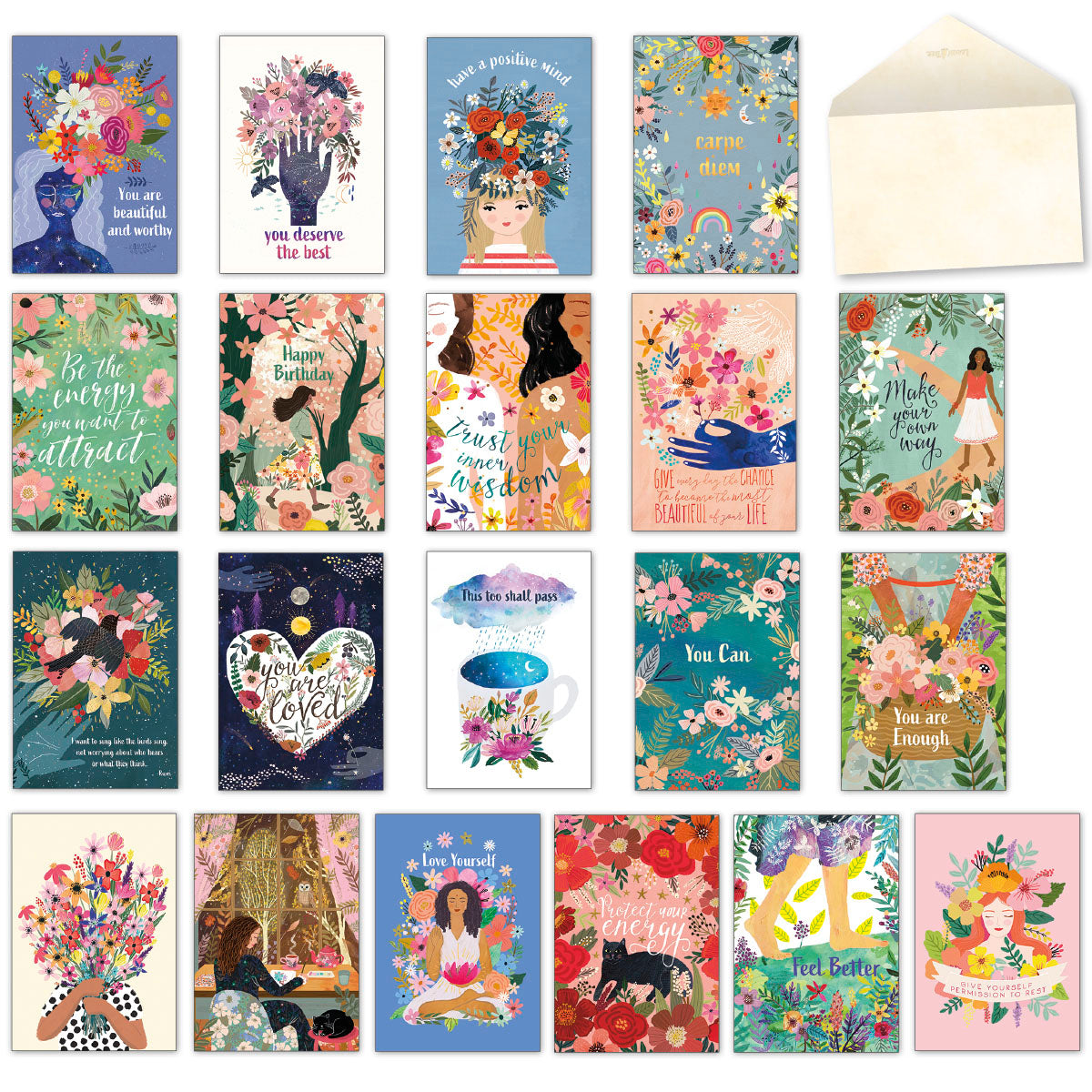 Mia Charro 'Heart, Mind & Spirit' greeting card assortment with 20 unique, vibrant designs featuring empowering messages and floral art.
