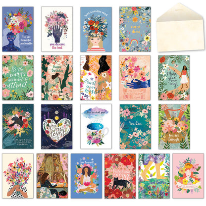 Mia Charro 'Heart, Mind & Spirit' greeting card assortment with 20 unique, vibrant designs featuring empowering messages and floral art.