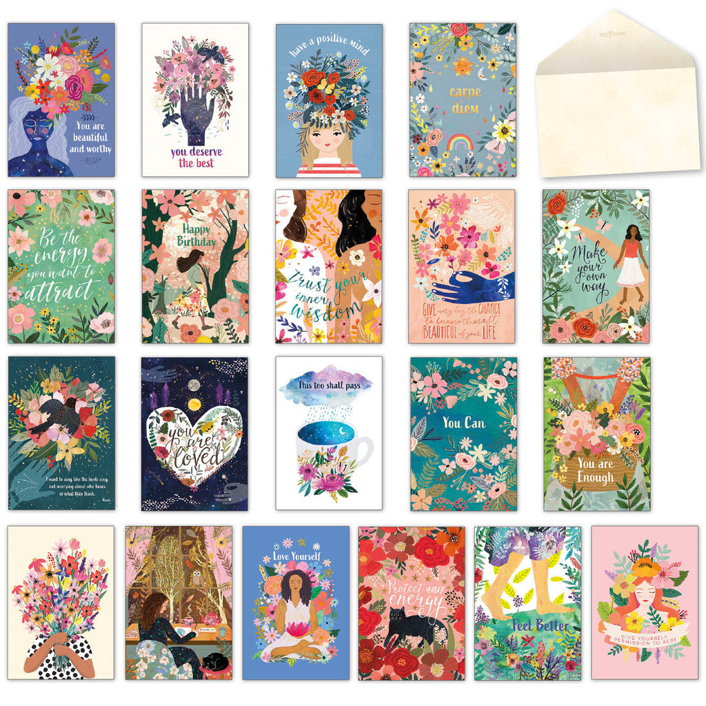 Heart, Mind & Spirit greeting card assortment by Mia Charro, featuring 20 unique, vibrant floral and nature-inspired designs for all occasions, displayed with envelopes.