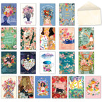 Heart, Mind & Spirit greeting card assortment by Mia Charro, featuring 20 unique, vibrant floral and nature-inspired designs for all occasions, displayed with envelopes.