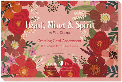 Box cover for Mia Charro's 'Heart, Mind & Spirit' greeting card assortment, showcasing floral frame and product details.