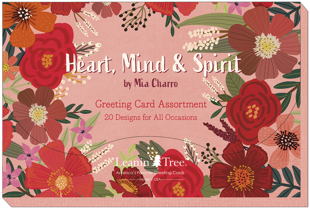 Close-up of the Heart, Mind & Spirit greeting card assortment box cover by Mia Charro, featuring a floral border and text '20 Designs for All Occasions' from Leanin' Tree, Made in USA.